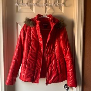 Say What Women’s Red Snow Jacket  with a Hoodie rimmed with fur. Size Small